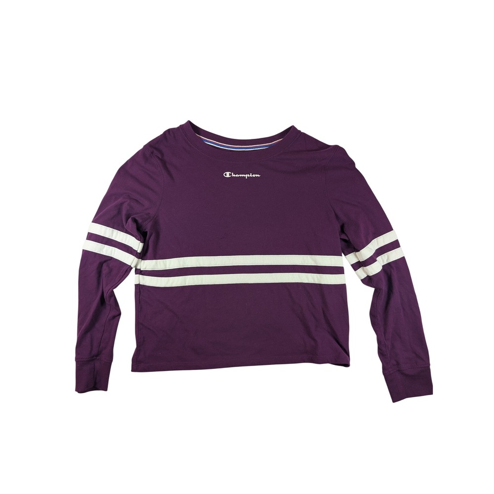 Champion Long Sleeve T-Shirt Womens XS Purple Excellent Varsity Stripe Crop Top